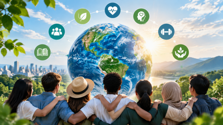Global wellness concept showing world health awareness, community connection and wellness education
